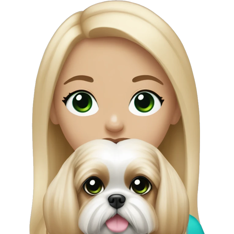 Girl with long blonde hair, and bright blue and green eyes and pink lipstick who is holding an all beige shih tzu dog  emoji