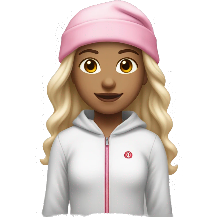 white raced, blonde hair with middle part, girl, long sleeve white lululemon shirt,  grey sweat pants, and a pink santa hat emoji
