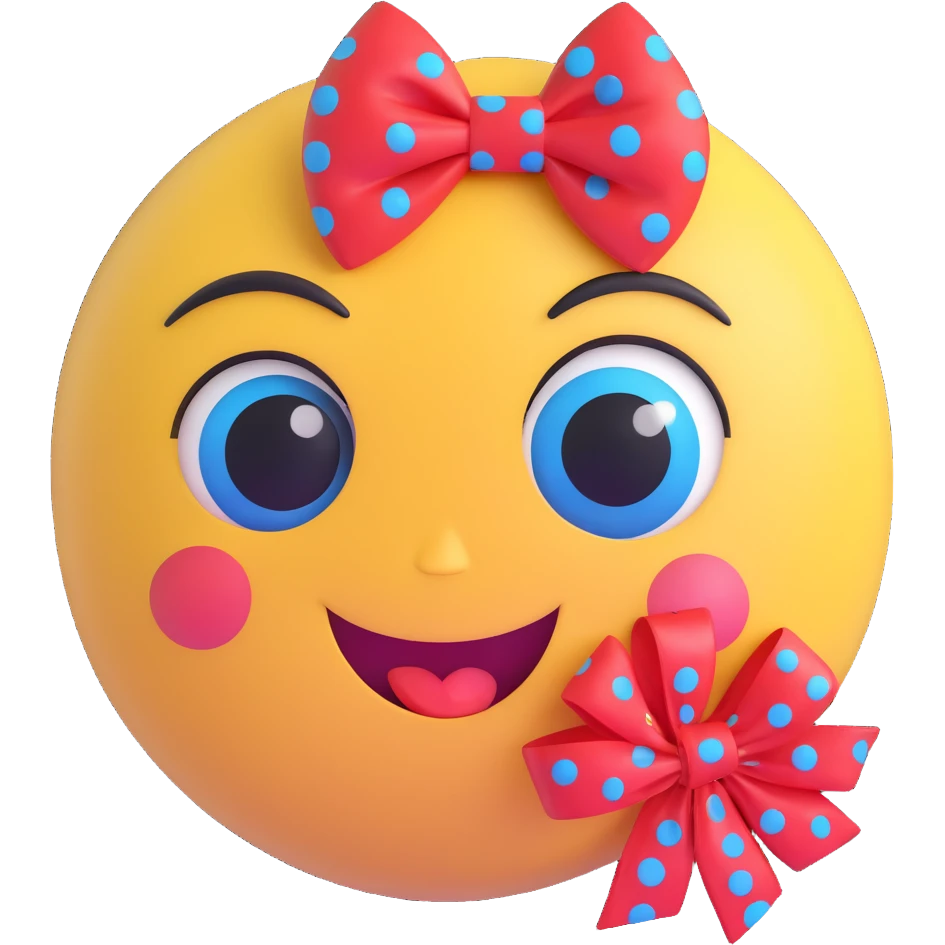 3D smiley emoji, large eyelashes, red polka dot bow, blowing a kiss, one eye closed, blue eyes, cute style emoji