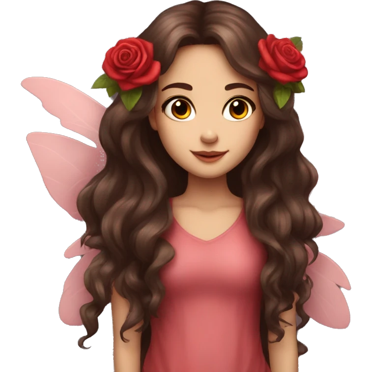 Beautiful, rose, fairy, red, flowers in hair, long dark brown hair, big wings, fair skin emoji
