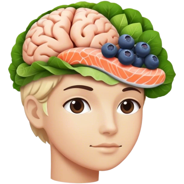 brain surrounded by healthy lifestyle choices, exercising, salmon, dark chocolate, blueberries, seeds, leafy greens . brain booster emoji