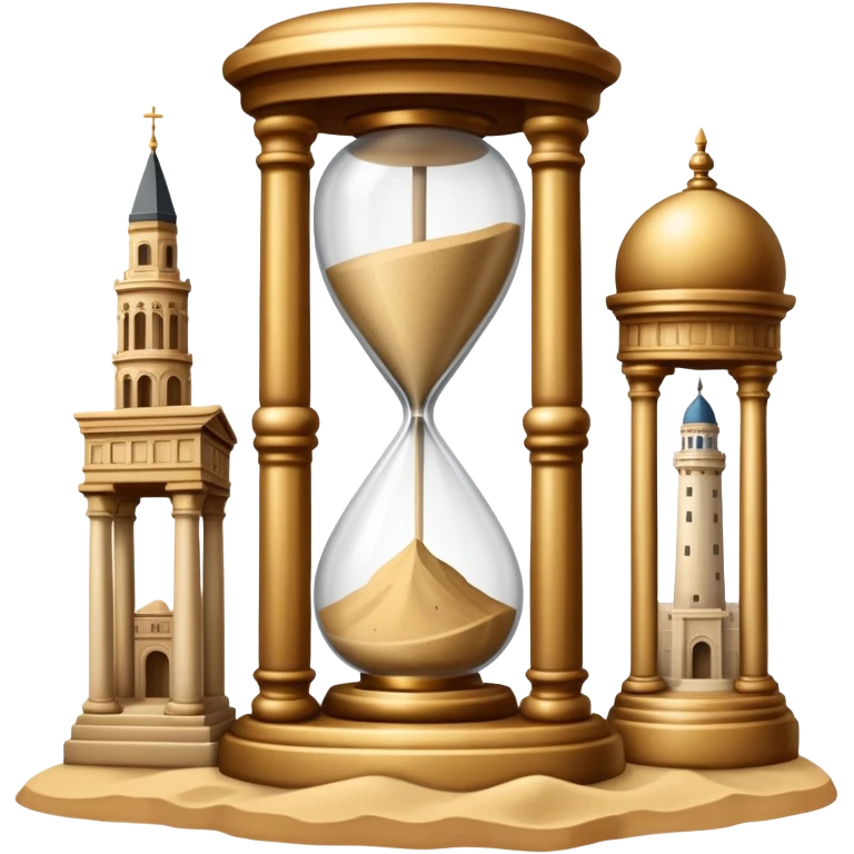 icon featuring ancient scrolls, quill pen with famous historical landmarks and monuments in the background. Large, antique sand clocks with sand pouring out represent the passage of time. Historical figures are depicted as statues. Transparent background. emoji