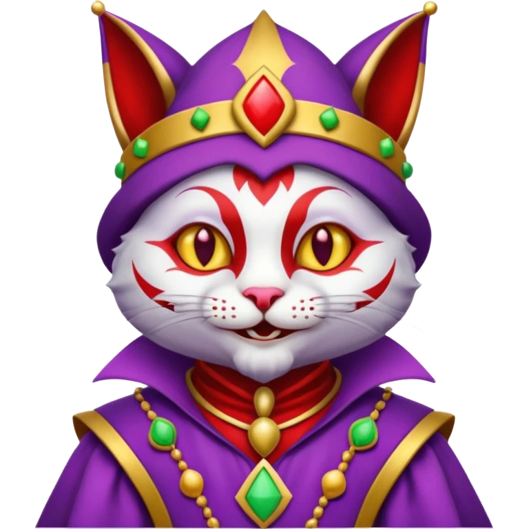crazy colorful cute little cat jolly joker from poker, medieval, vintage, court jester, mac os icon, purple, gold and red color, half body emoji
