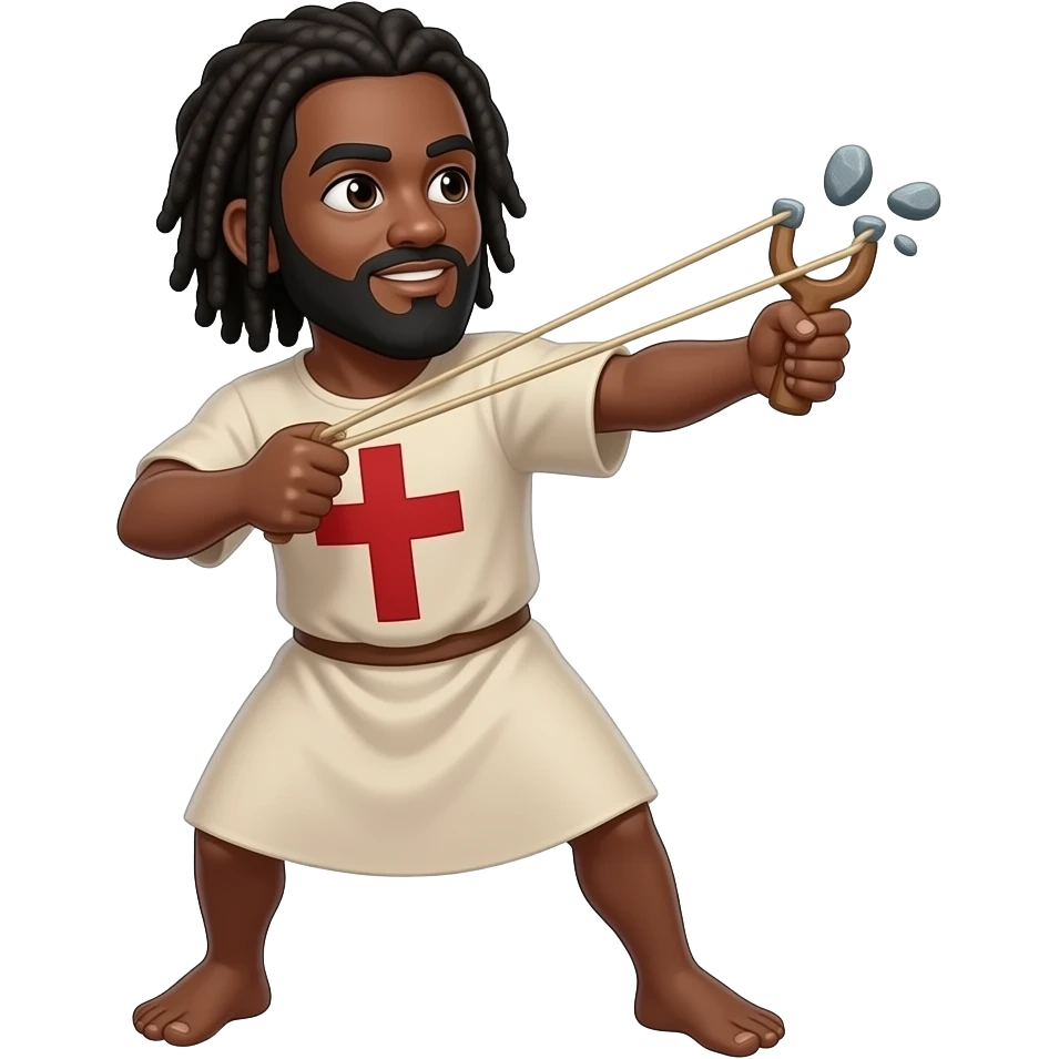 African American man with shoulder length black dreadlocks  and black beard wearing a tunic with a red cross on it swinging a slingshot with 3 stones in it emoji