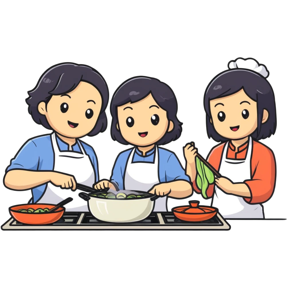 East Asian family with black hair cooking together in the kitchen emoji