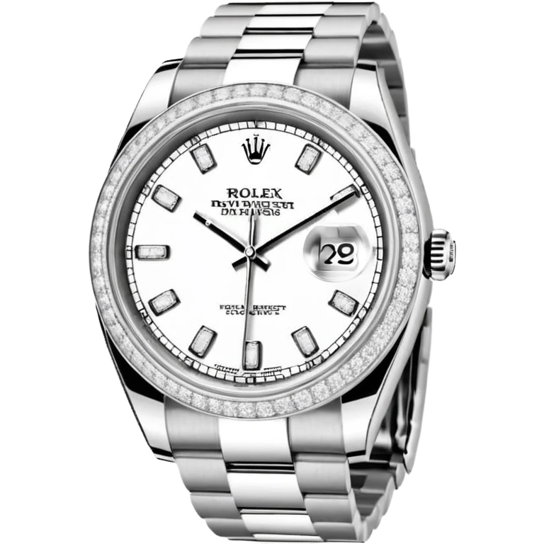 Crie um emoji com essas especificações: Um Rolex Datejust "Iced Out" prateado, totalmente coberto por diamantes na caixa, luneta e pulseira Jubilee. O mostrador possui fundo cravejado com diamantes (pavé), algarismos romanos pretos e lente de aumento na data. emoji