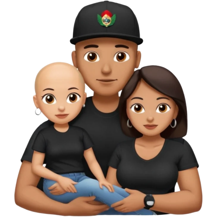 A picture of a tanned couple. the man is a Mexican man with tanned skin, with a bald hair cut wearing a SnapBack hat and a black shirt. the woman on his lap has thick dark brown hair and with big naked boobs that he is grabbing emoji