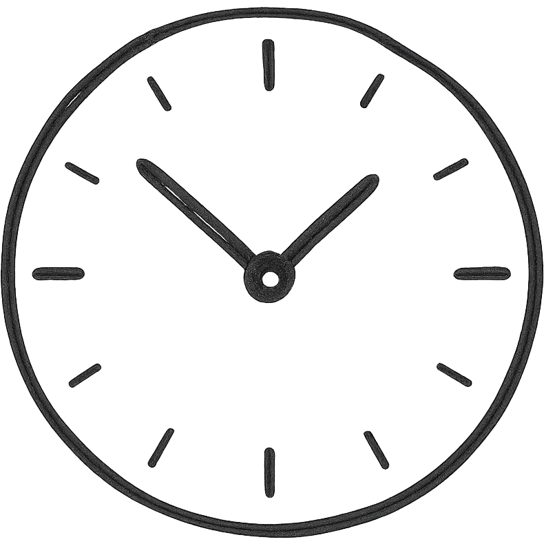 hand drawn sketch style clock, black lines, no fill, isolated on white background emoji