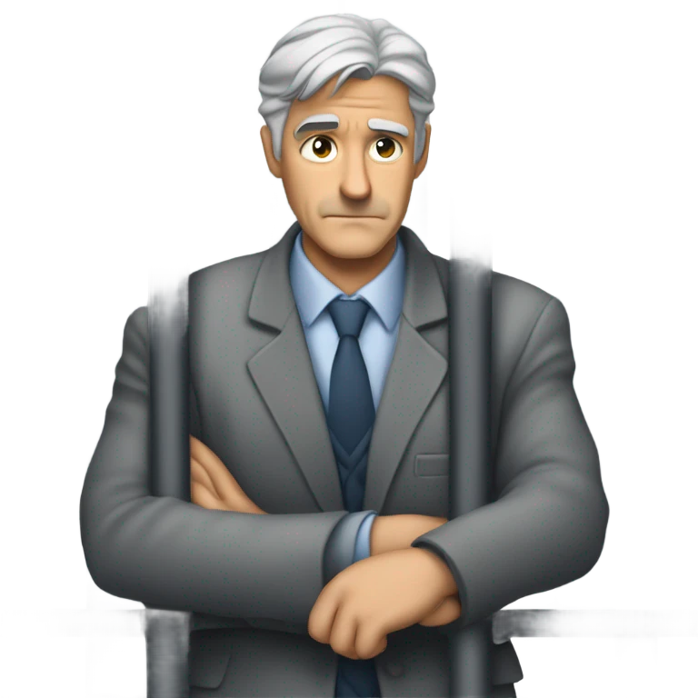 Create an emoji-style image of a gray-haired man in a suit behind jail bars, looking solemn. emoji