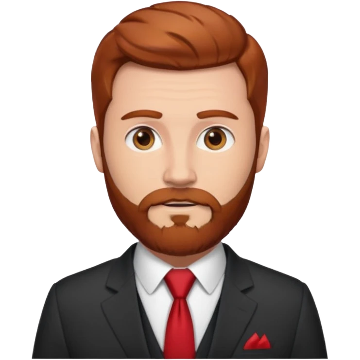 ["Fair-skinned man with reddish-brown hair and a full beard, wearing a suit and red tie."] emoji