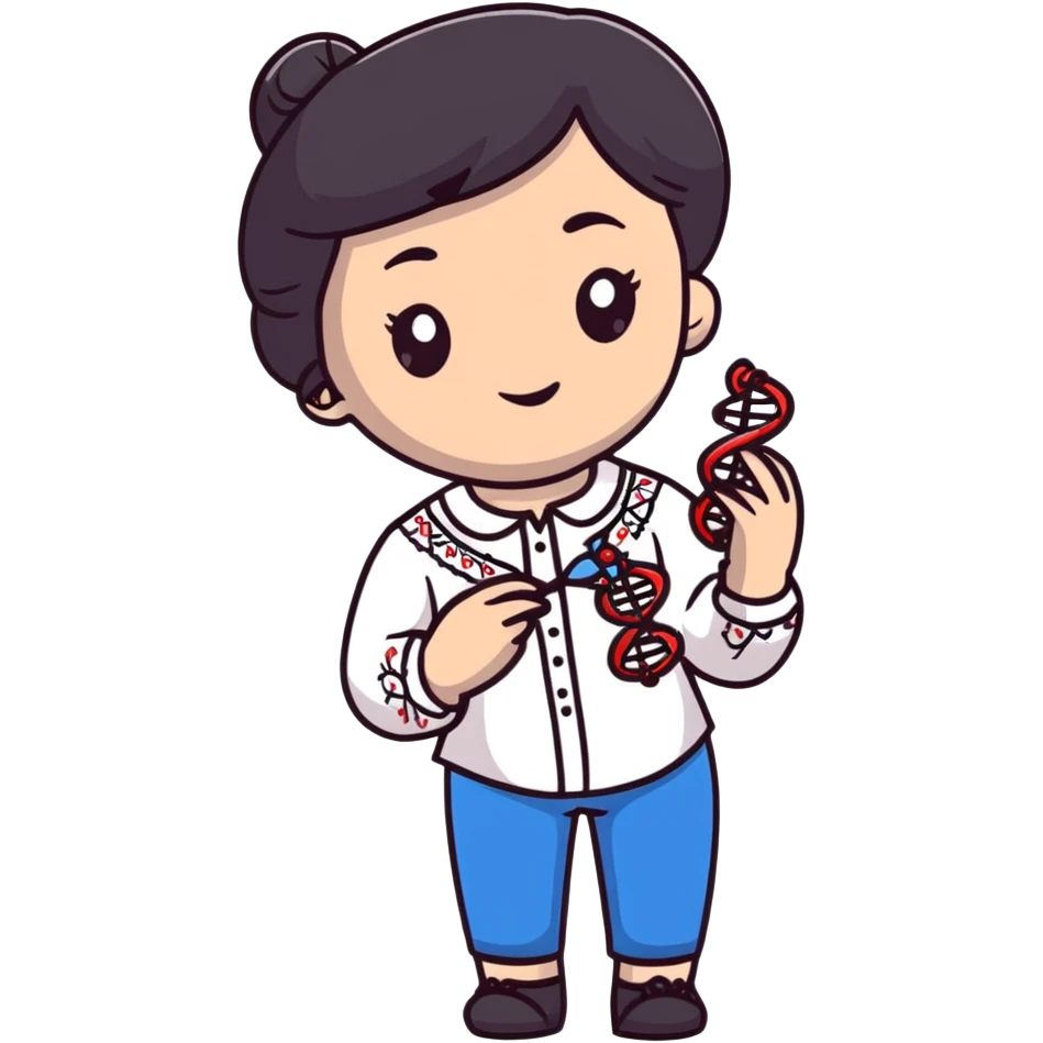 Ukrainian girl with dark hair in an embroidered traditional shirt holds a DNA molecule in her hand emoji