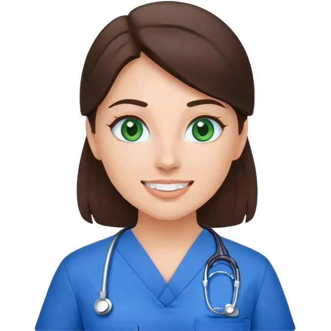 Brunette dental assistant in blue scrub with green eyes   emoji
