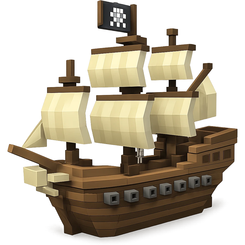 A detailed pirate galleon with multiple sails and cannons, clean geometric 3D style emoji
