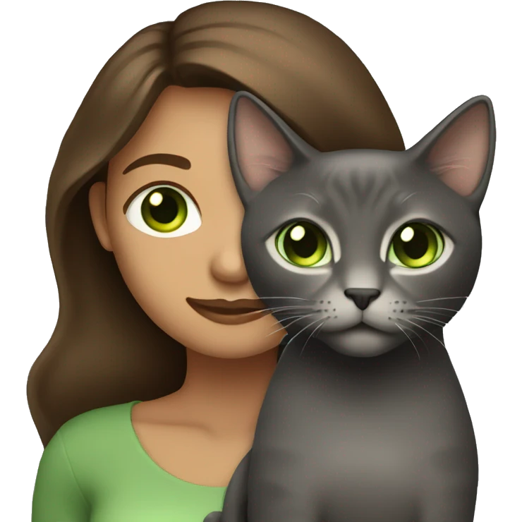  Woman with  long brown hair holding a Dark graycat with light green eyes emoji