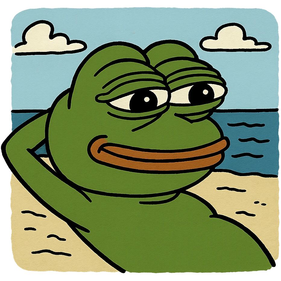 Pepe the Frog relaxed on the beach, transparent background, PNG emoji