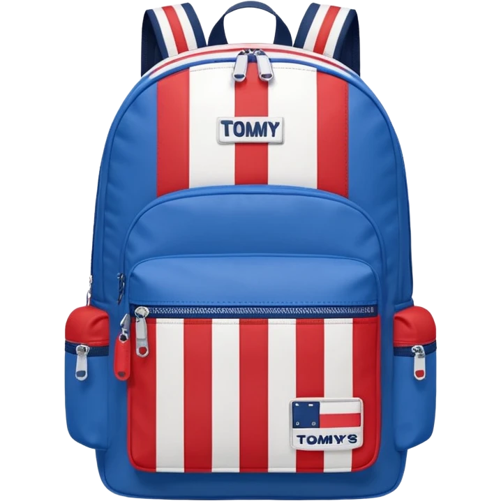 simple blue backpack, at the bottom pocket there is a  logo featuring a Tommy Jeans-inspired logo. The logo looks like a vertically one red, one white. The flag stripes are vertical, not horizontal. Flat

 emoji