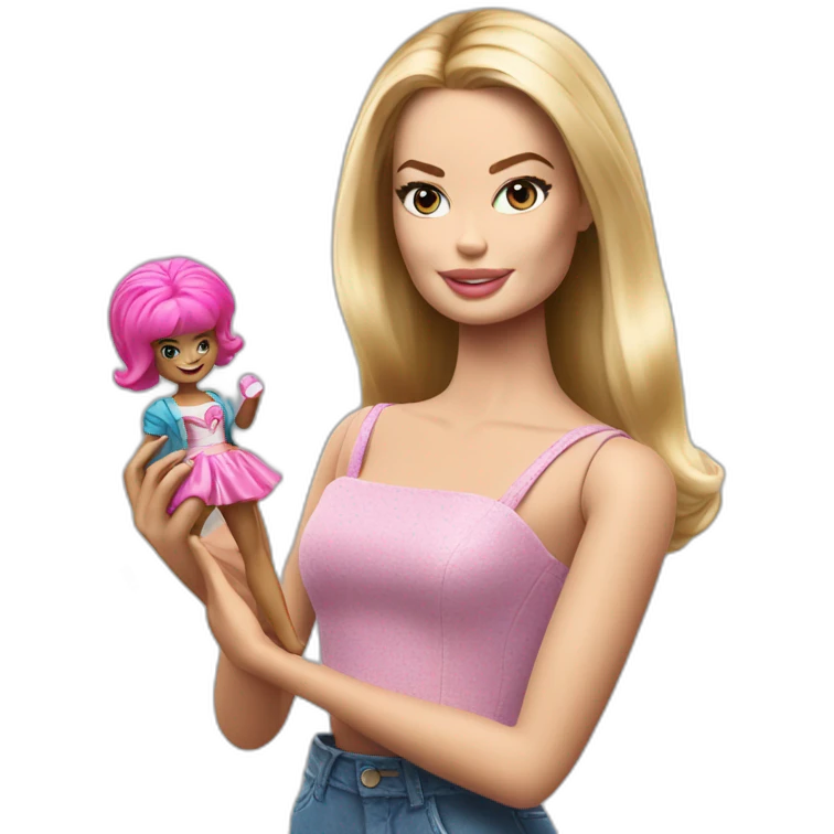 Margot Robbie playing with barbie Doll emoji