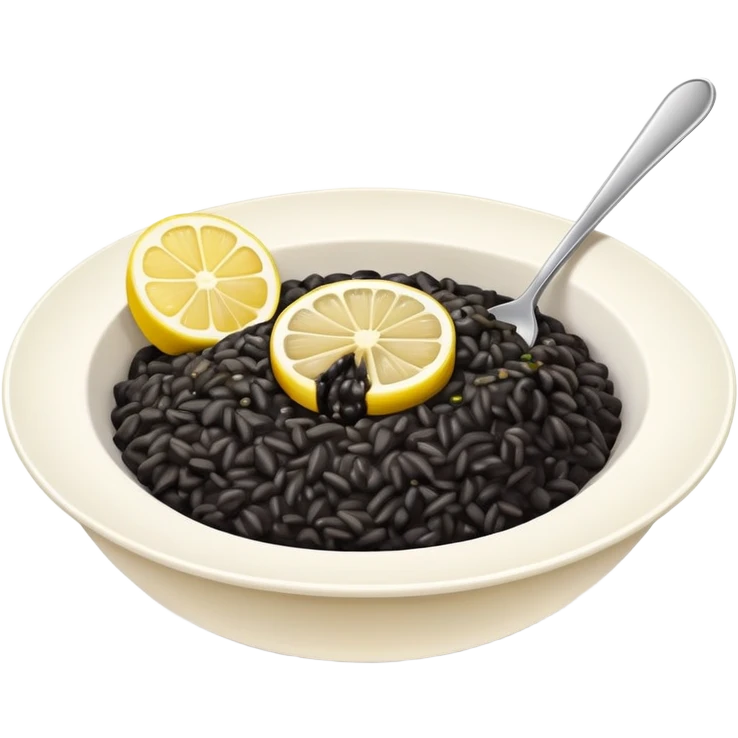 black risotto in a white bowl with a slice of lemon emoji