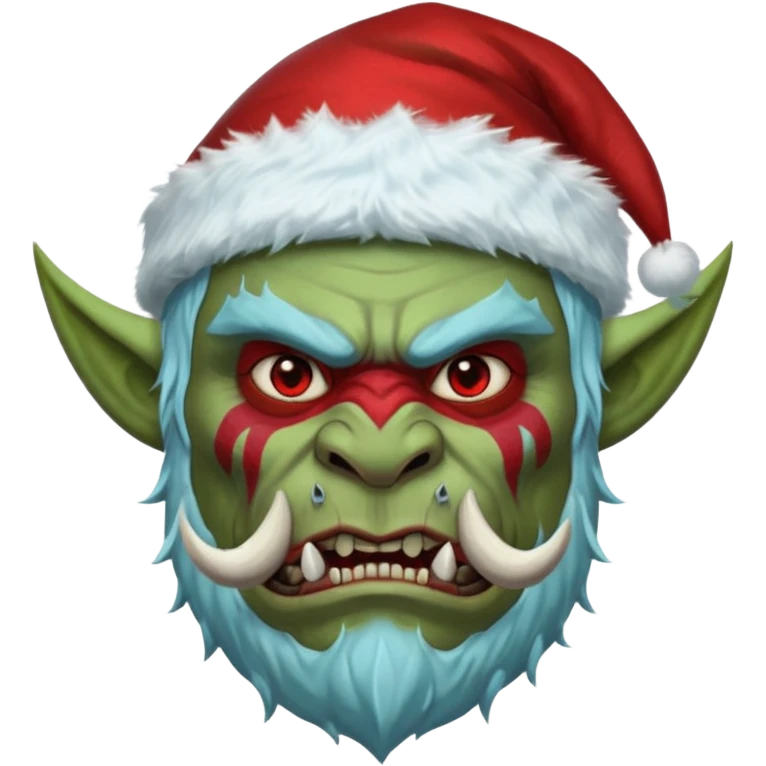 Fantasy orc portrait emoji, Santa Claus hat adapted for orc head with tusks, icy blue and deep red frost war paint on face, brutal winter warrior mood, strong facial features, minimal tribal design, clean high readability emoji style, male/female variant
 emoji