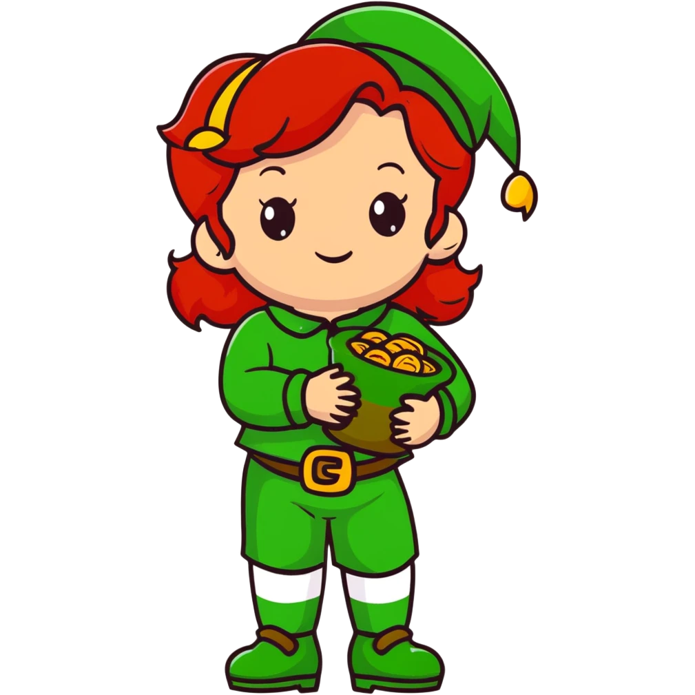 girl with red hair and brown eyes with a leprechaun emoji