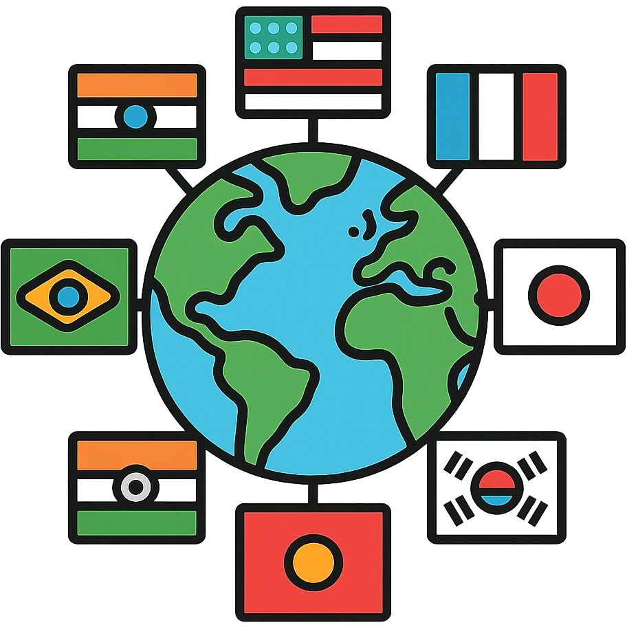 Colorful linear globe with various country flags placed around it representing different nations emoji