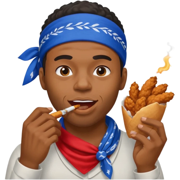 black man eating fried chicken with blue bandana and cigarette in teeth emoji