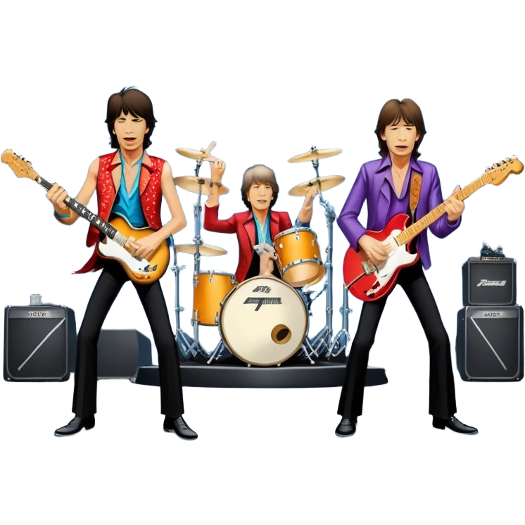 Icon for Rock Music: The Rolling Stones live on stage with Mick Jagger performing vocals, Keith Richards playing guitar, and Charlie Watts on drums. Iconic stage lights, electric guitars, and energetic crowd. Transparent background. emoji