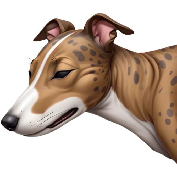 Meme-Worthy Cute Sleeping Brindle Greyhound Portrait Emoji, Head resting peacefully with a contented smile, showcasing a slender build and a luxuriously smooth brindle Fur, eyes shut in a serene nap, Simplified yet hilariously adorable features, highly detailed, glowing with a soft, drowsy light, high shine, relaxed and utterly lovable, stylized with an air of playful laziness, bright and heartwarming, soft glowing outline, capturing the essence of a comically sleepy racer, so meme-worthy it feels like it could instantly become the next viral sensation of adorable slumber! emoji