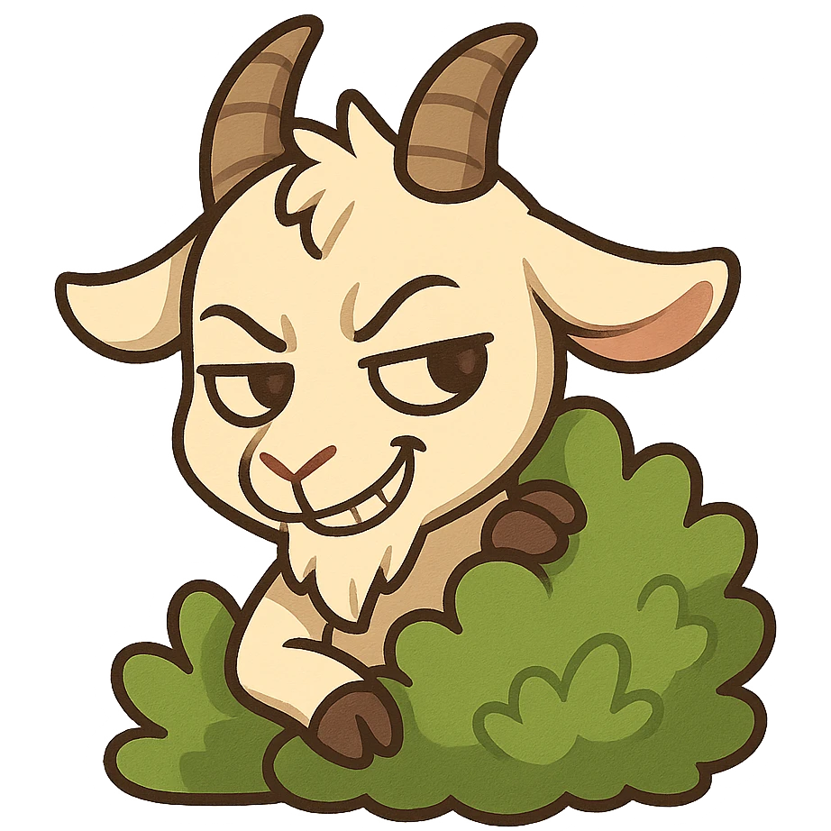 chibi goat, mischievous, peeking from behind a bush, sly grin, simple background emoji