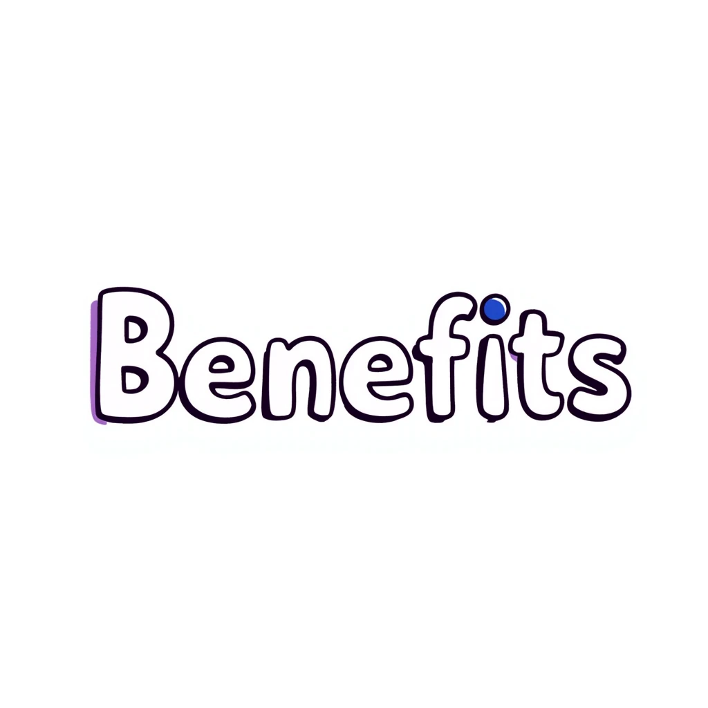 The word "Benefits" hand-drawn in white text with a few purple and blue color accents. Simple doodle style with clean design. emoji