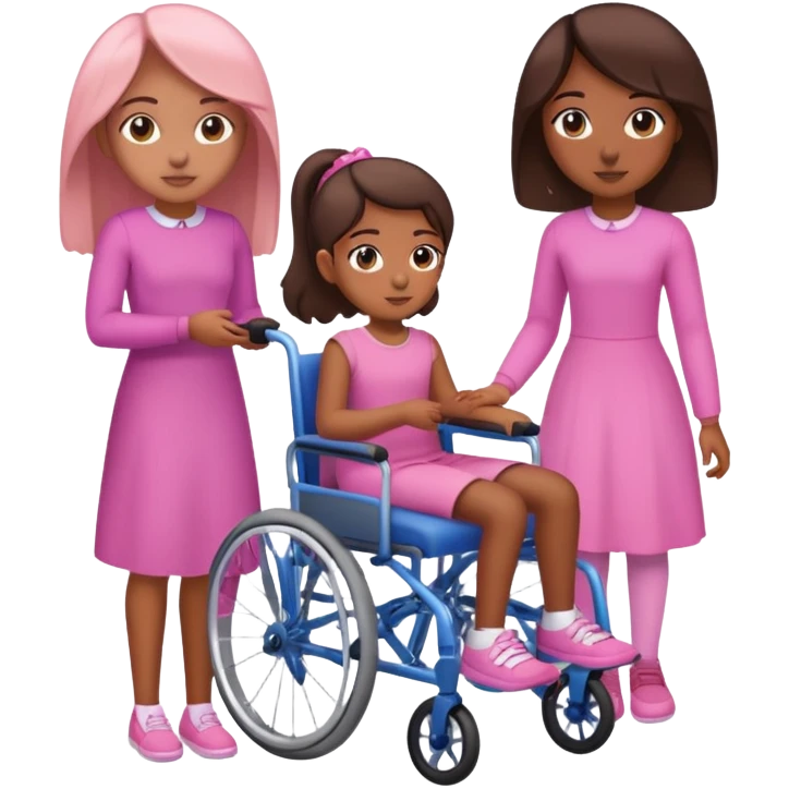 One tan skin sister standing behind her brown skin sister in a pink wheelchair emoji