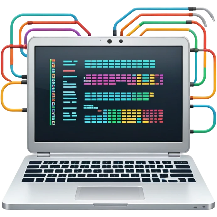 An icon featuring a laptop screen with colorful lines of code, brackets, and a blinking cursor, symbolizing programming. The design includes flowcharts, gear icons, and binary code, representing software development and logical problem-solving. Transparent background highlights the world of coding. emoji