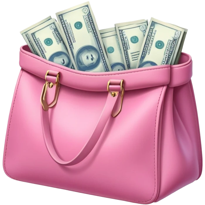 ultra realistic pink bag full of blue money bills emoji
