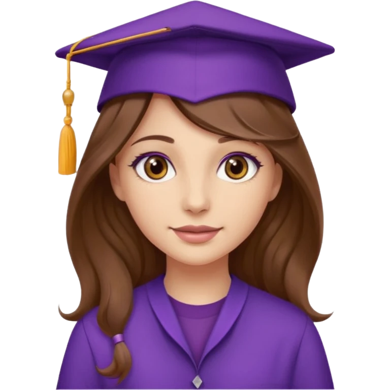 beautiful  woman normal skin with more wavy long brown over shoulder  hair and hazel eyes with purple school hat emoji