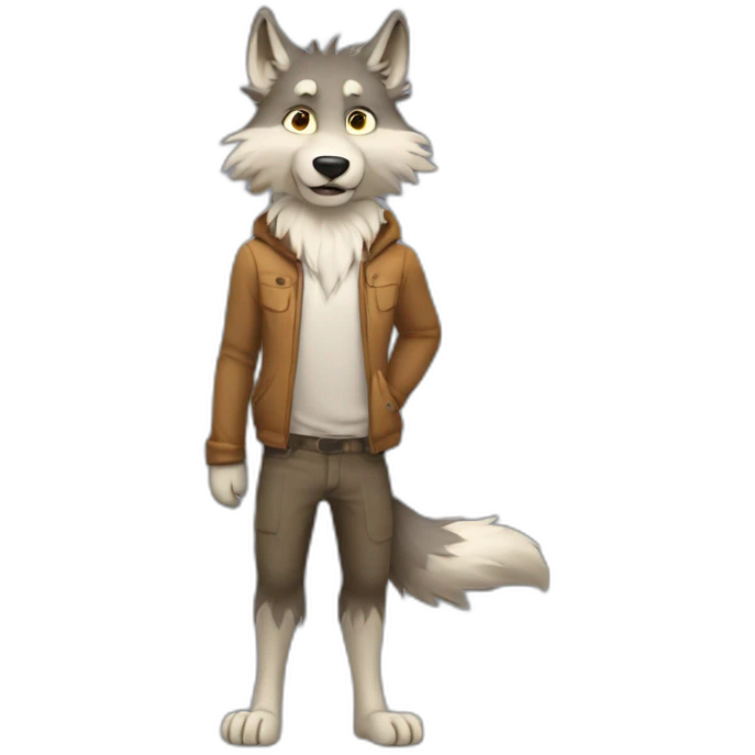 a full body furry anthropomorphic wolf with only hair saying hello emoji