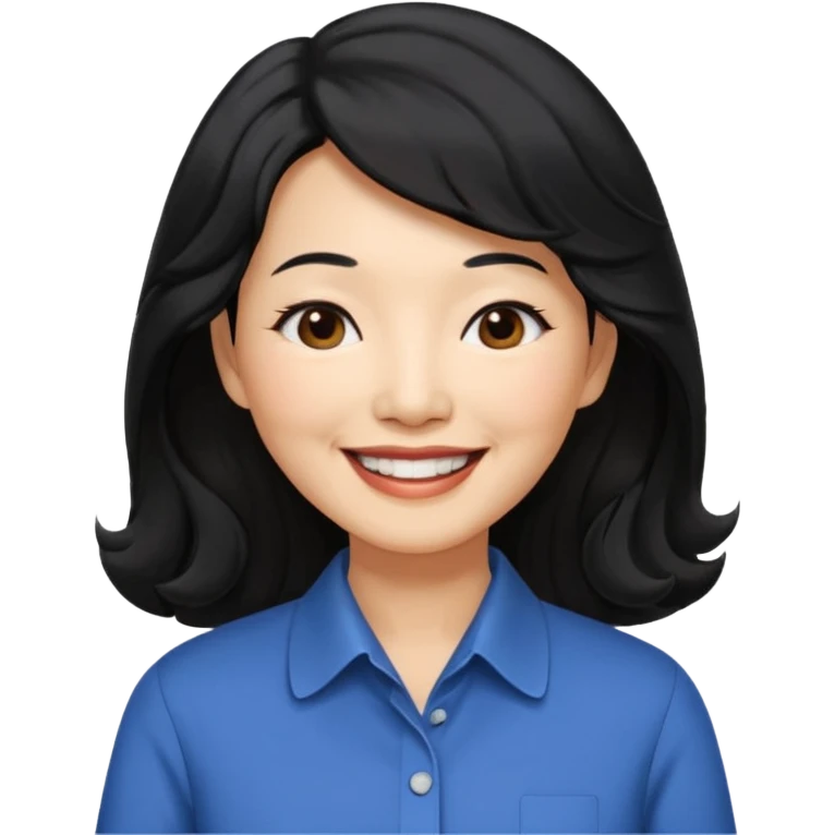 60 yr old asian woman, wavy thick black hair past shoulder length, side part, side swept bang, big smile, collared shirt, long hair emoji