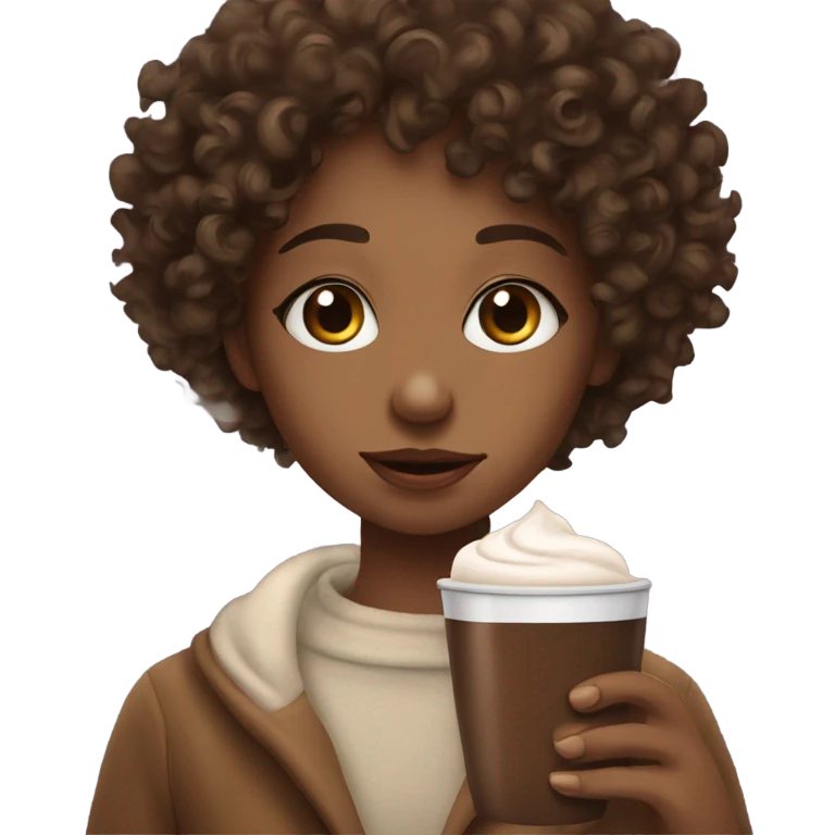 Curly haired girl drinks hot chocolate emoji