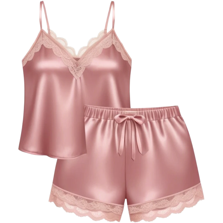 Dusty pink satin pajama shorts and camisole set with lace trim  emoji
