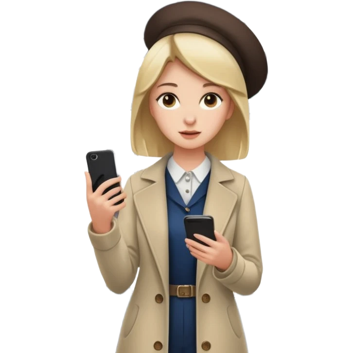 a young woman standing inside a modern train carriage. She is holding a vertical pole with one hand while looking at her smartphone in the other. emoji