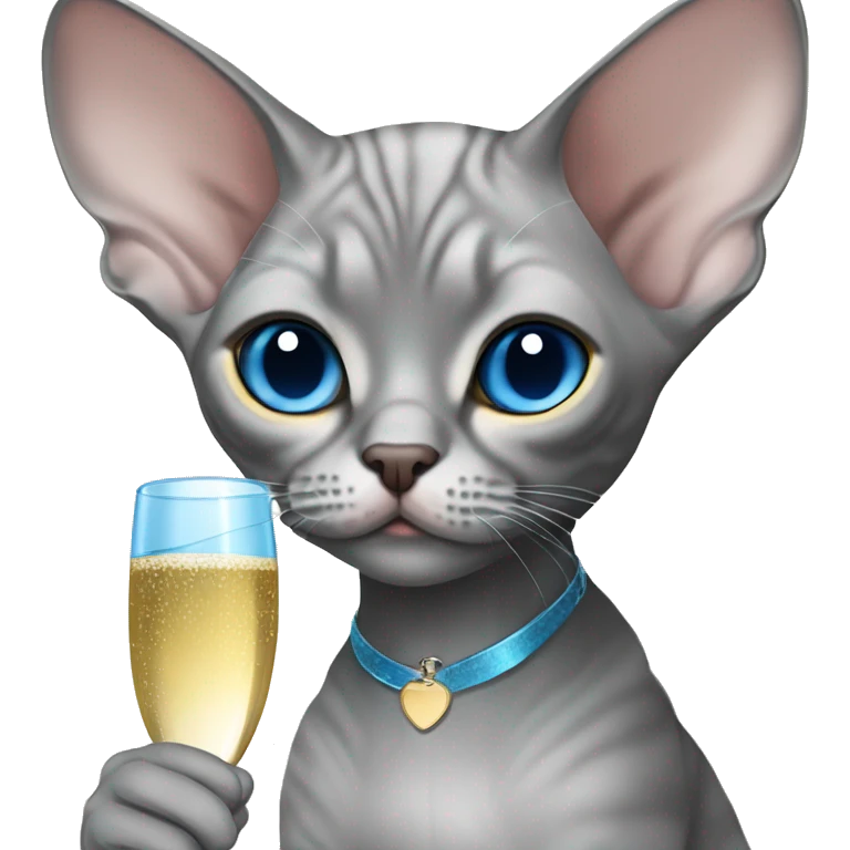 Grey Devon Rex with blue eyes drinking champagne  emoji