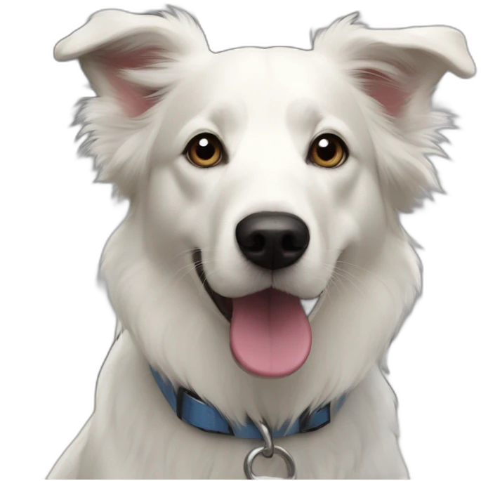 white and black dog with dark eyes happy  short hair mixed breed as border collie 2 years old with emoji