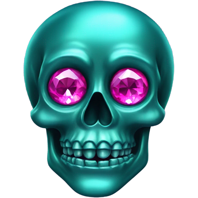 Realistic isolated metallic dark turquoise skull with shiny sparkly magenta pink diamond eyes. emoji