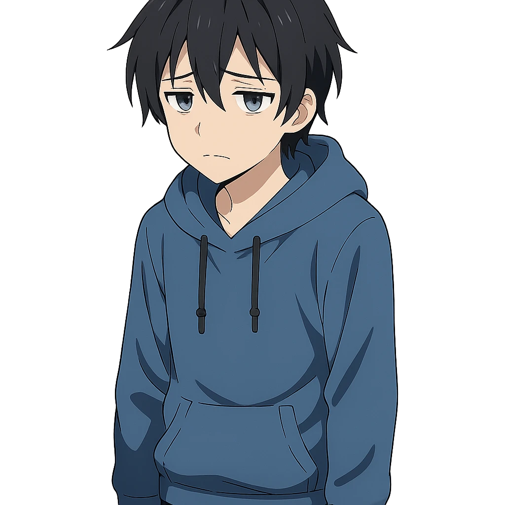 anime character with black hair, blue hoodie, black pants, sad expression emoji
