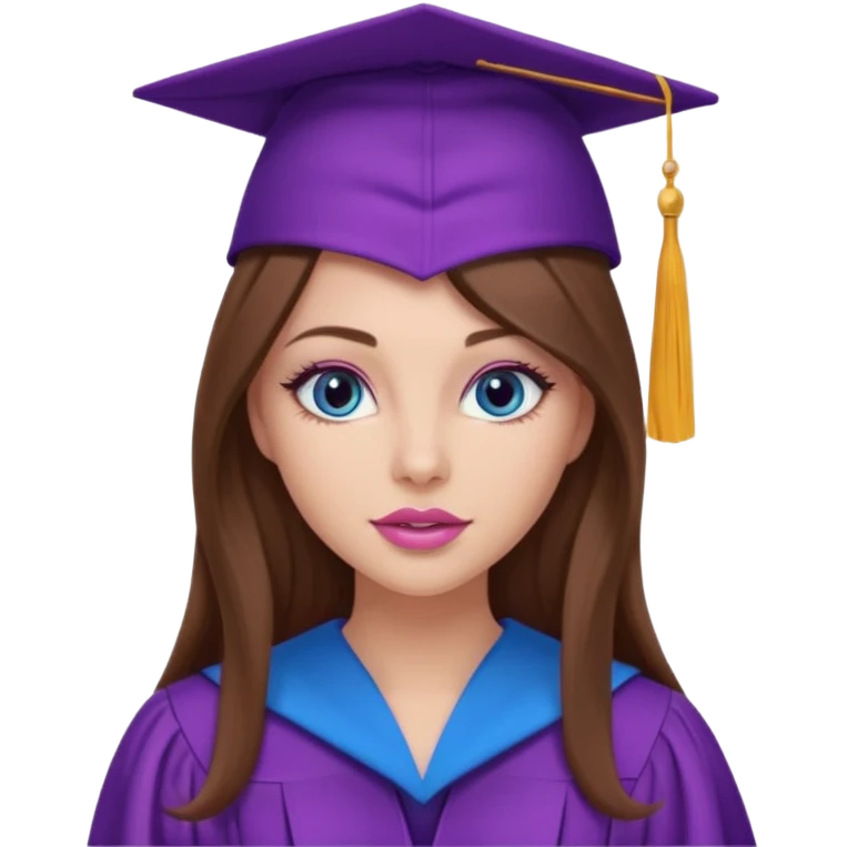 girl with gorgeous long brown hair, blue eyes, long lashes makeup, sexy pink lips, wearing a purple graduation cap and gown emoji