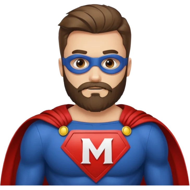 бородатый мужчина в костюме супер героя с буквой М на груди emoji