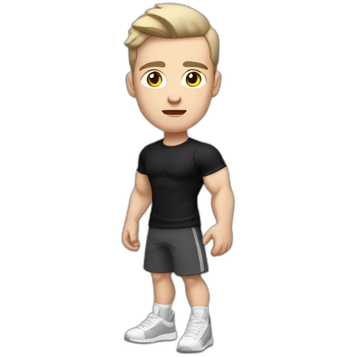 Confused Pale skinned Fit Man With the biceps and dark brown hair in black shirt, gray sports shorts and white Sneakers emoji