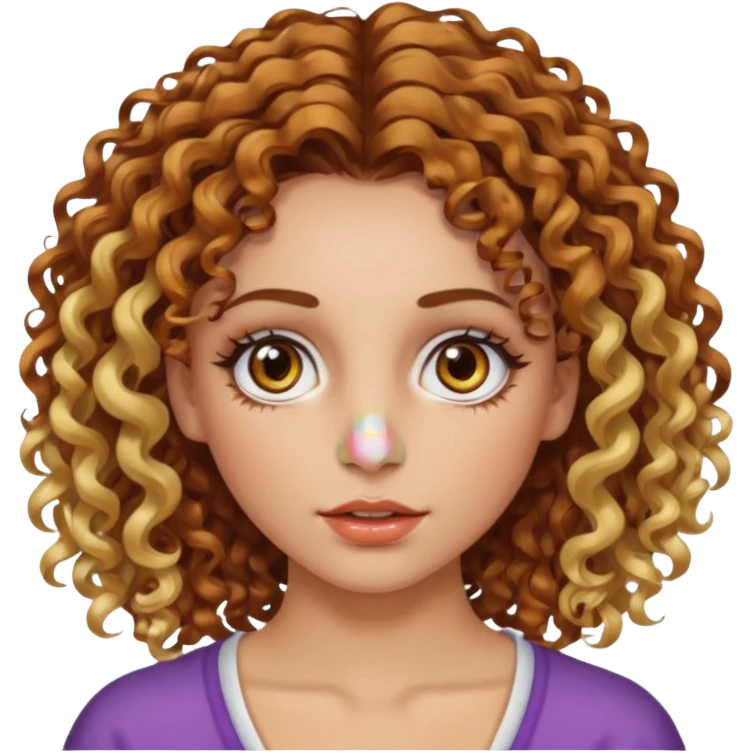A woman with brown curly hair and blonde highlights side parted with hazel eyes with central heterochromia and a multicoloured nose ring emoji