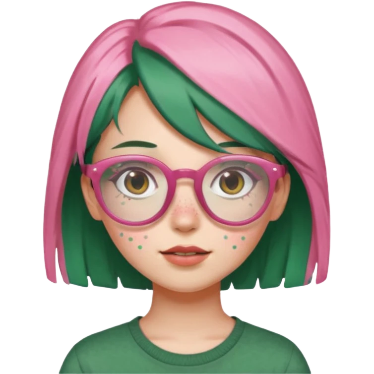 a girl with pink glasses, brownish green hair and freckles emoji