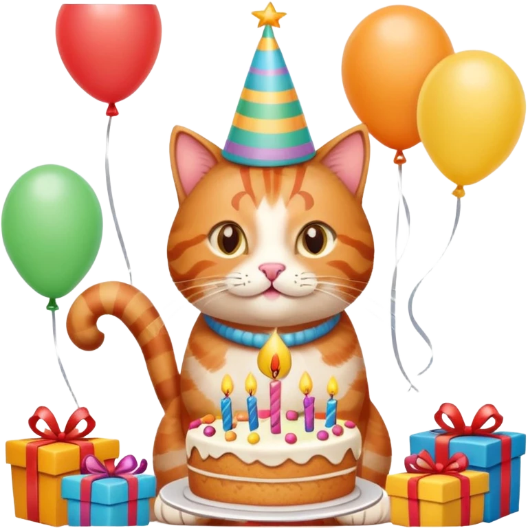 Ginger tabby cat celebrating birthday, birthday hat, birthday cake, balloons, happy, gifts emoji