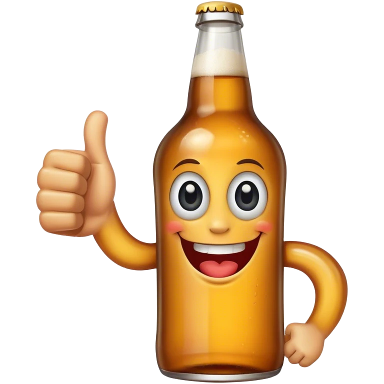 A beer bottle with a big smile and expressive eyes giving a thumbs-up emoji